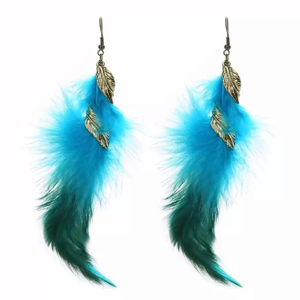 Blue Feather Gold Leaf Tassel Earrings